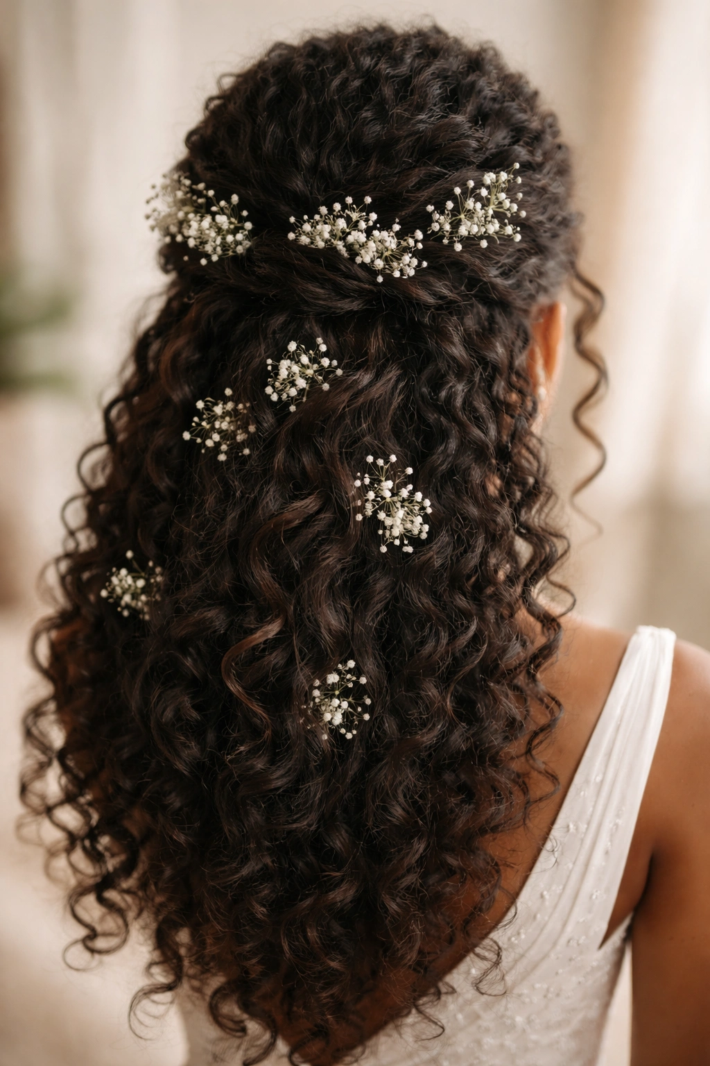Close-up of romantic half-up hairstyle with baby's breath woven through