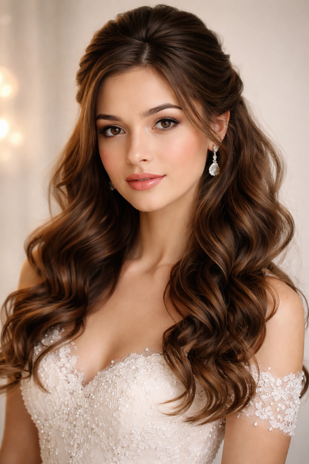 Close-up of a soft romantic half-up hairstyle with curled ends