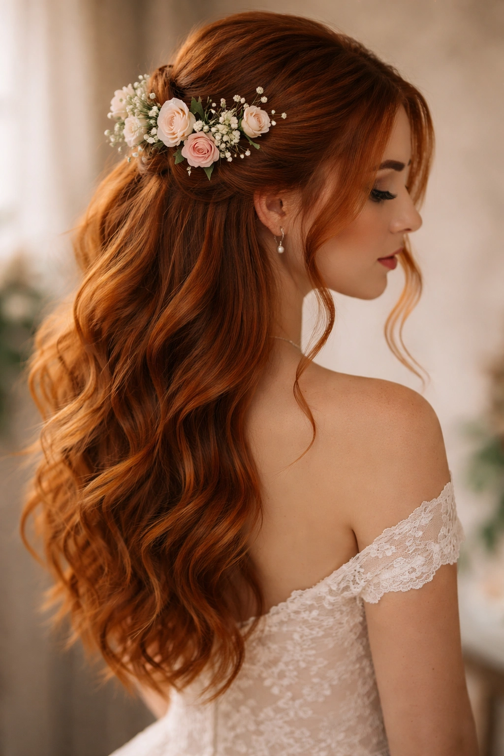 Romantic half-up hairstyle with face-framing pieces and flowers in red hair