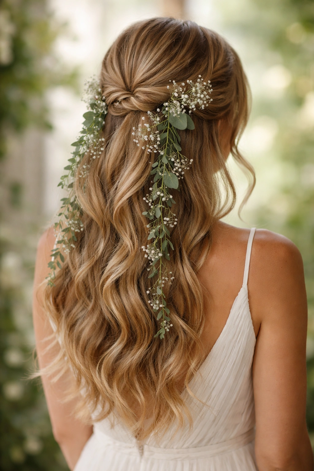 Romantic half-up with trailing baby's breath and eucalyptus