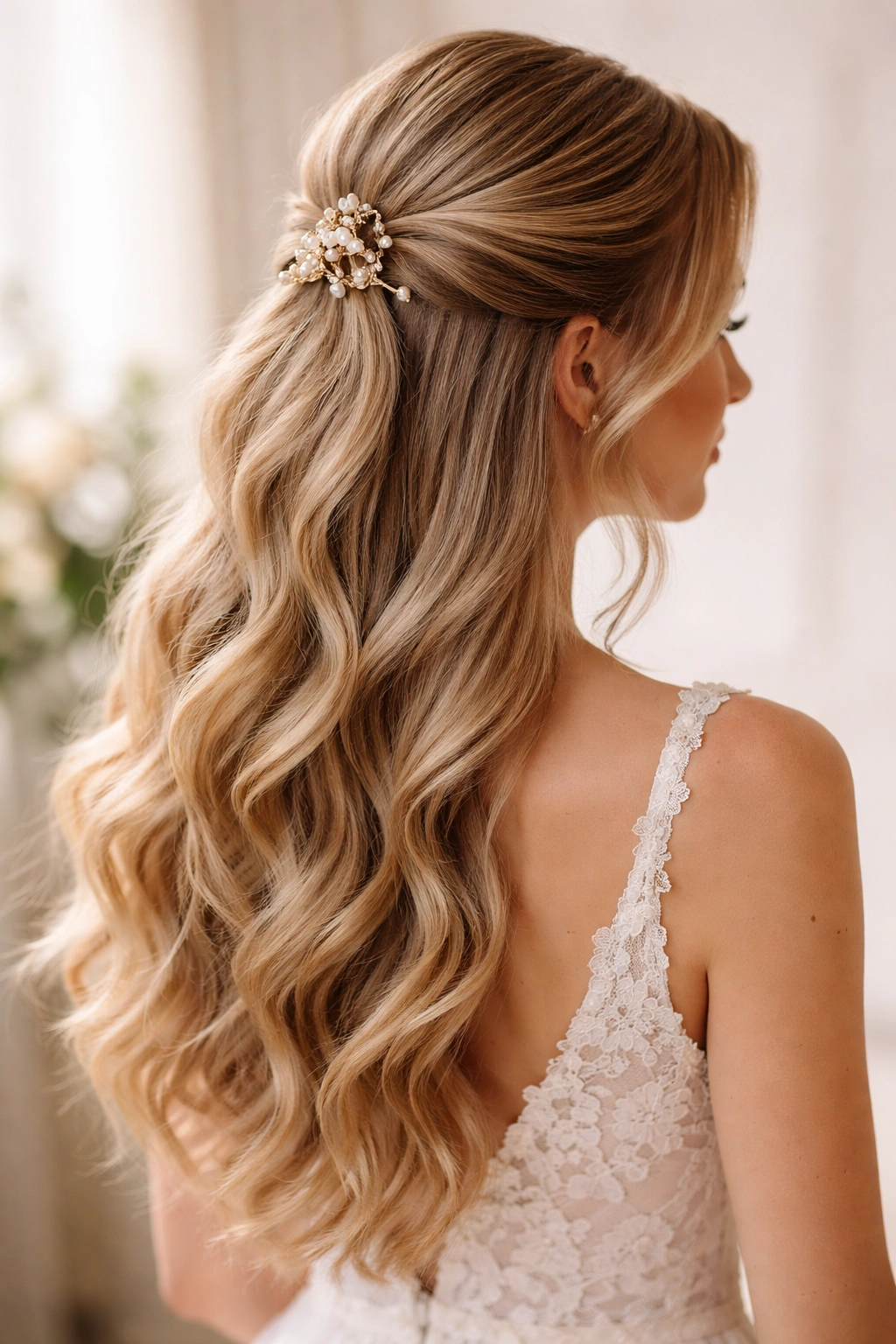 Close-up of a wedding hairstyle with twisted temple sections secured at the crown by a claw clip, loose waves