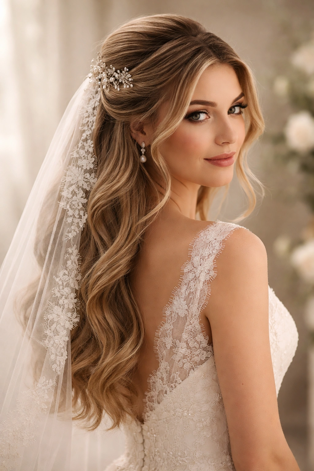 Romantic half-up hairstyle with lace veil insert integrated into hair