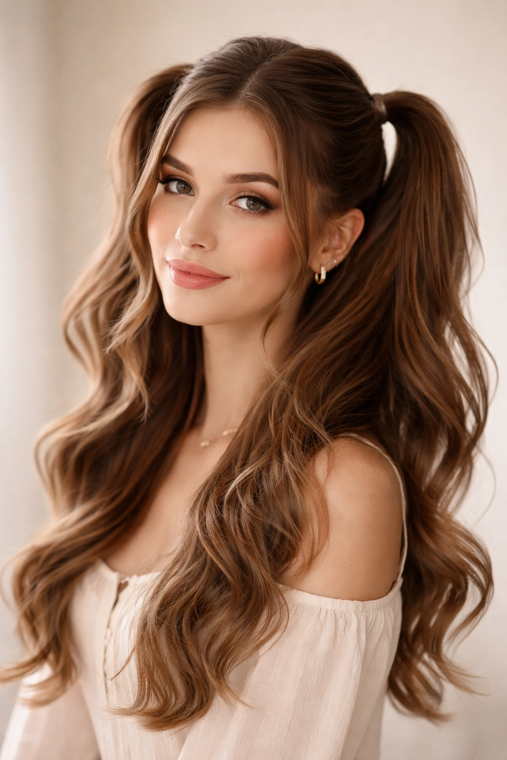 Romantic half-up double ponytails with soft waves and symmetrical placement.