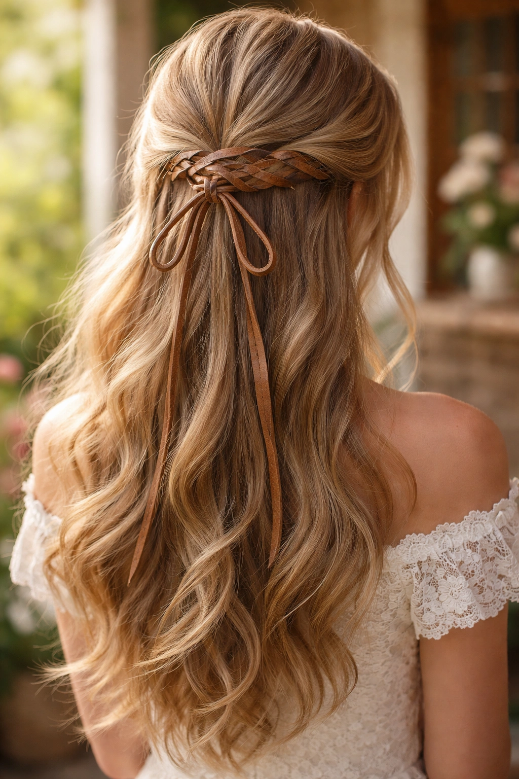 Romantic half-up hairstyle with ribbon or leather cord