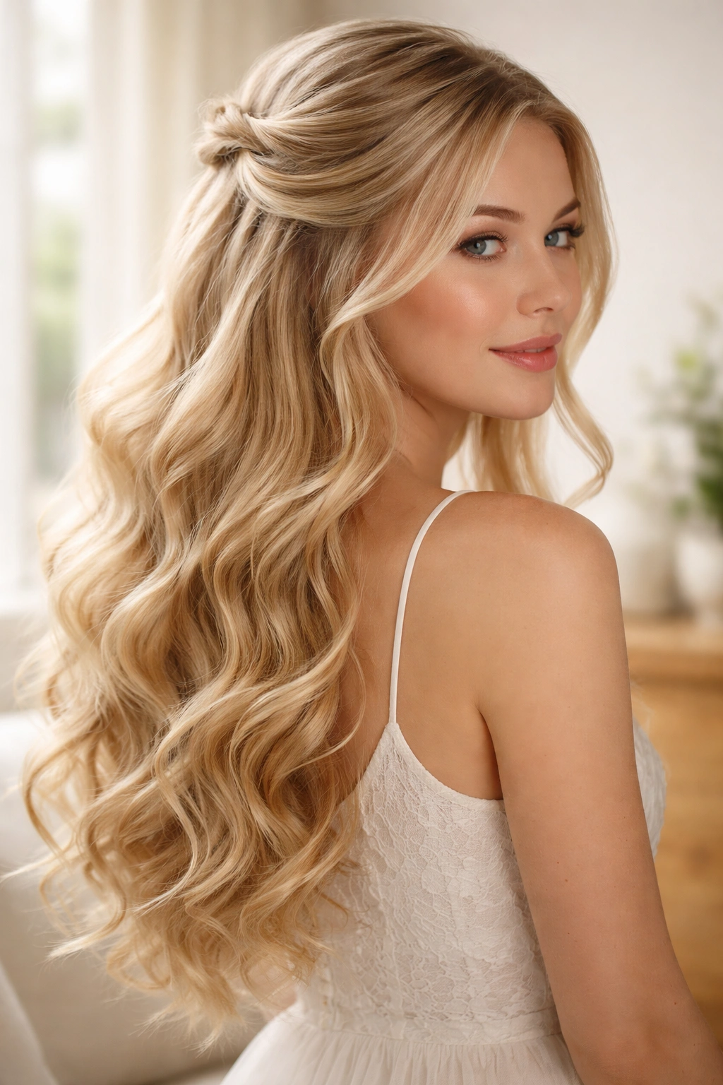 Long blonde hair with half-up crown and loose romantic curls cascading