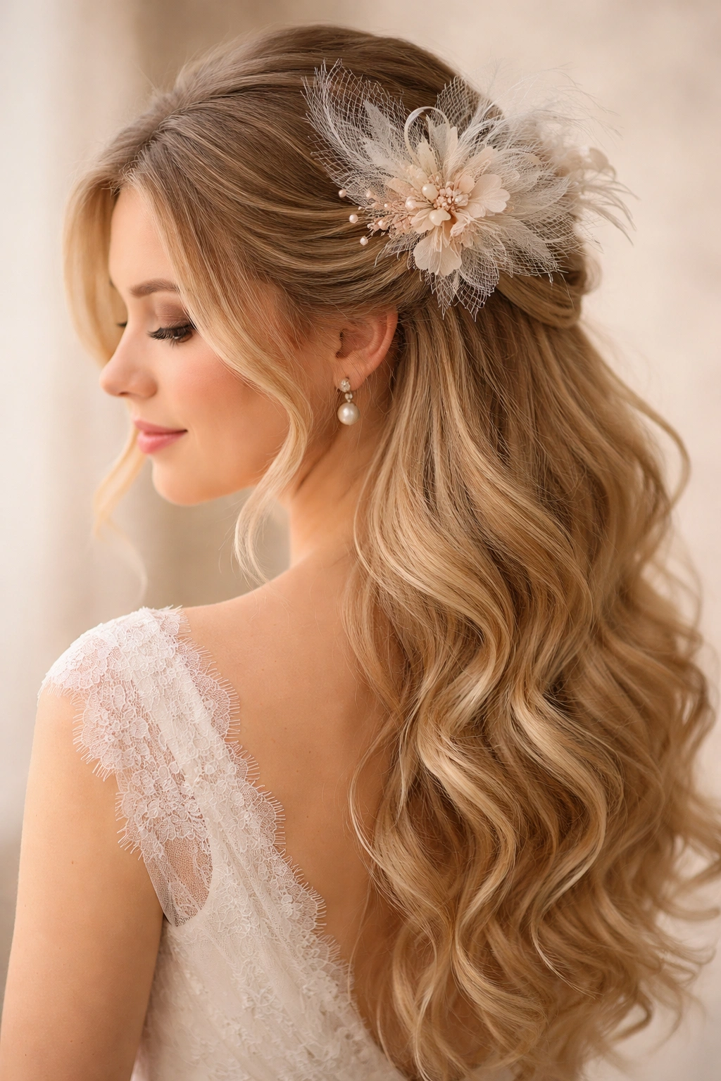Romantic half-up with delicate fascinator in studio