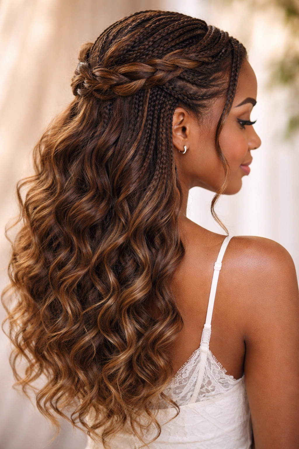 Romantic knotless half-up braid with flowing curls