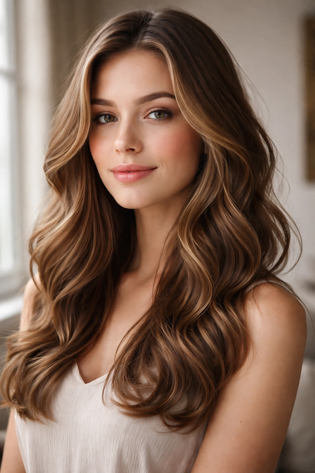Portrait of long, romantic waves cascading over shoulders