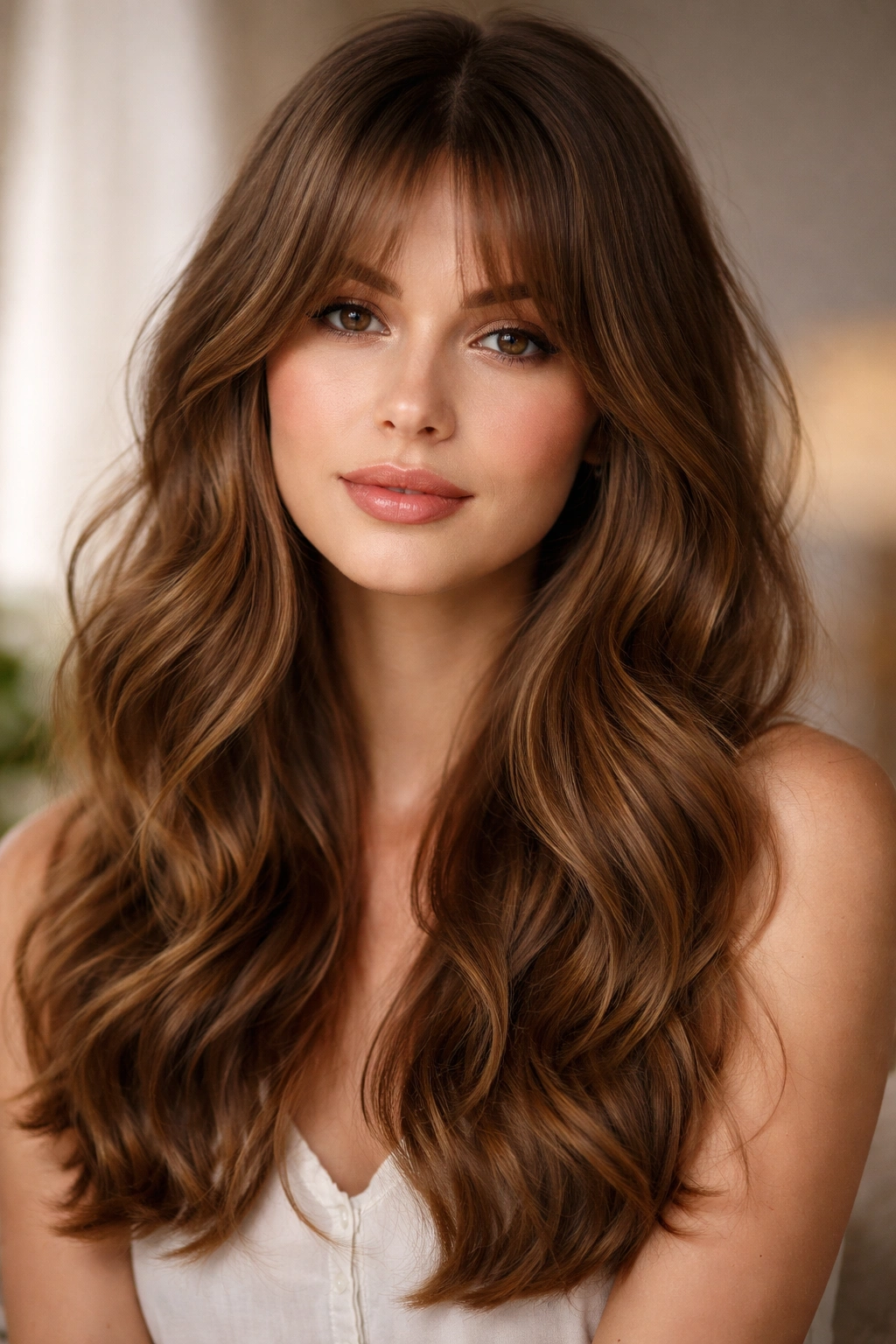 Romantic long waves with soft shoulder-length curtain bangs.