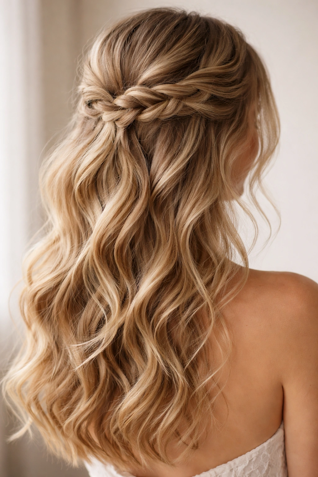 Close-up of a loose textured half-up braid with soft waves and fullness