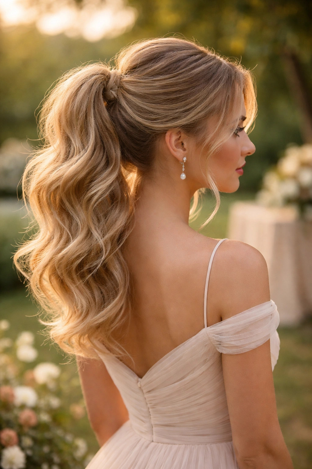 Portrait of romantic loose wave updo ponytail with soft flowing curls