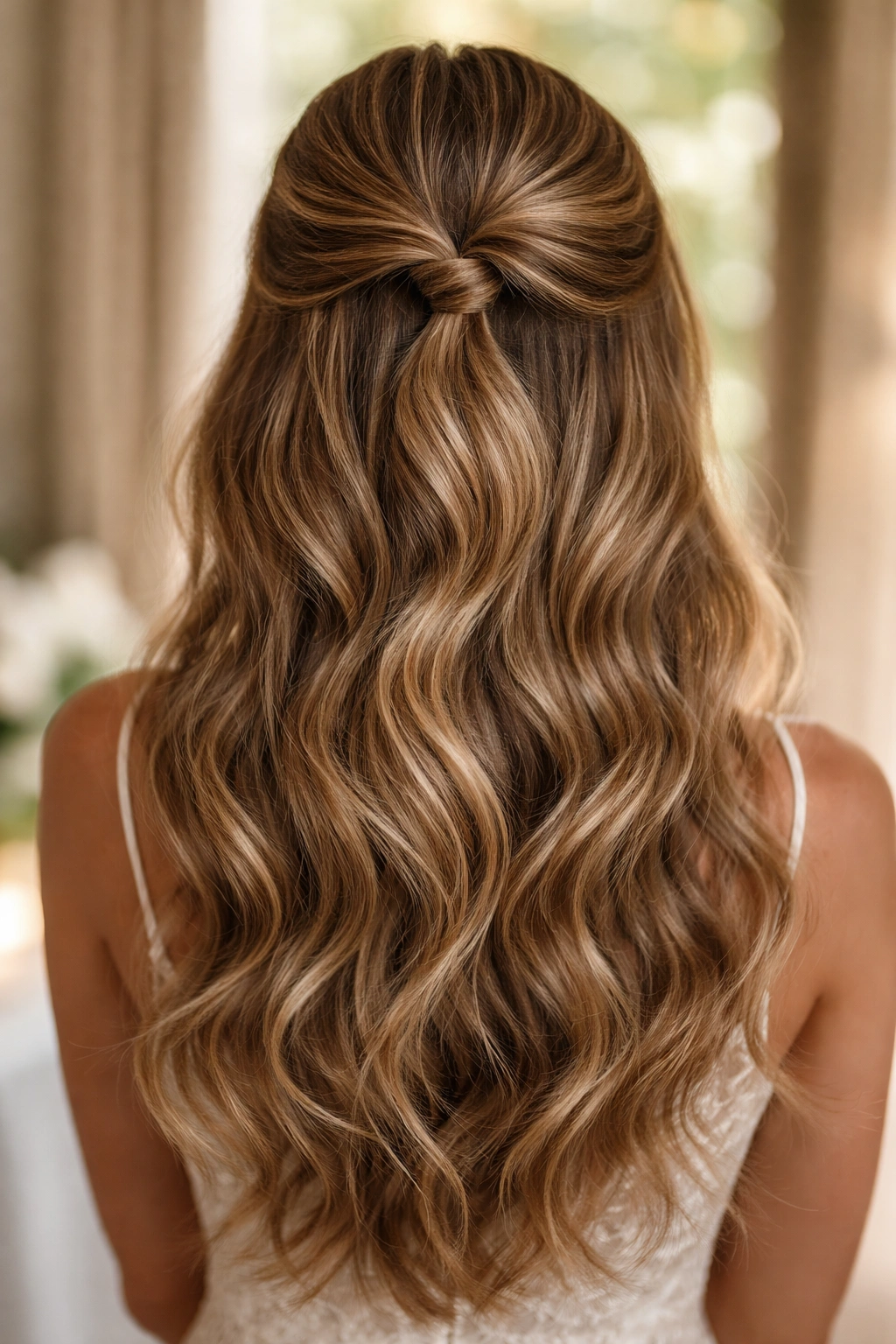 Close-up of romantic loose waves with a soft half-up crown