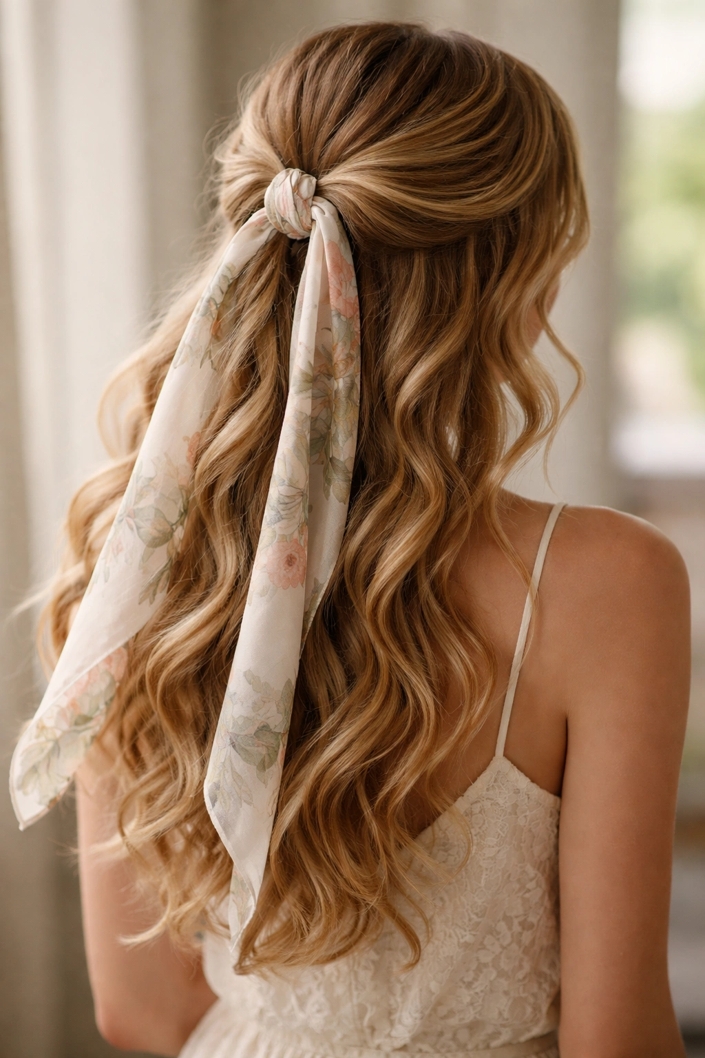 Portrait of The Romantic Loose Waves with Scarf Tie showing loose waves and a flowing scarf over the shoulders