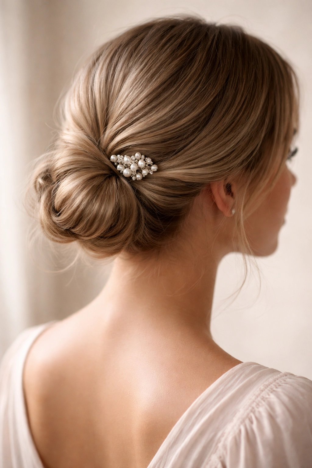 Close-up of a low bun at the nape with delicate pearl hair pins.