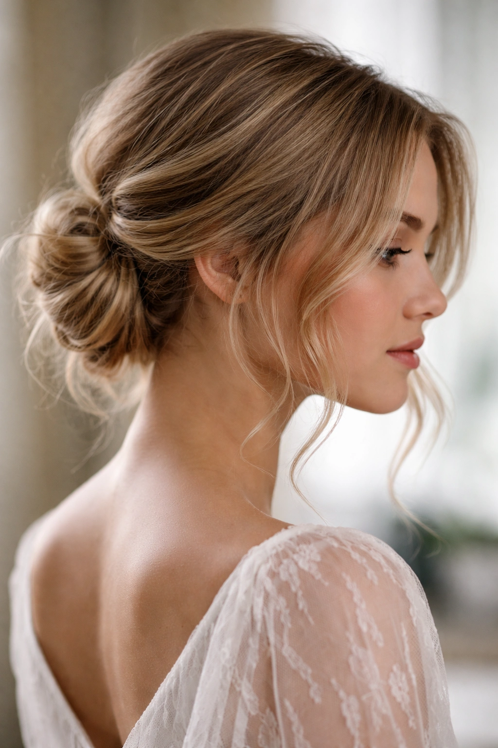 Portrait of a hairstyle with a low loose bun and wispy face framing strands.