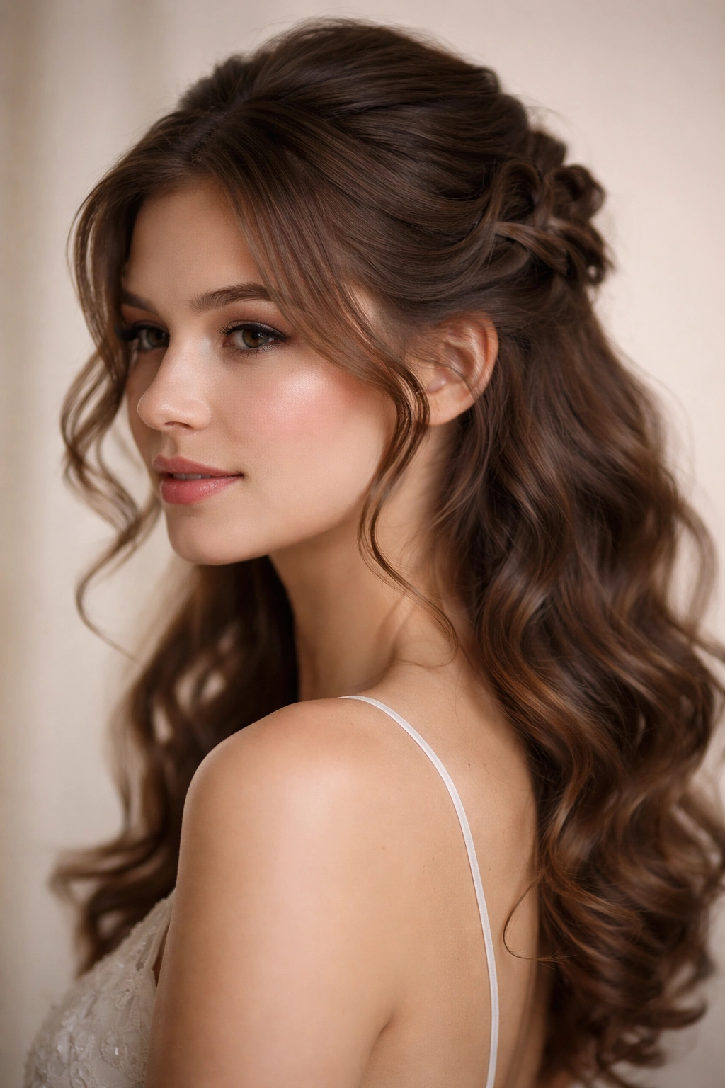 Close-up of a model with a romantic low half-up pin curl hairstyle