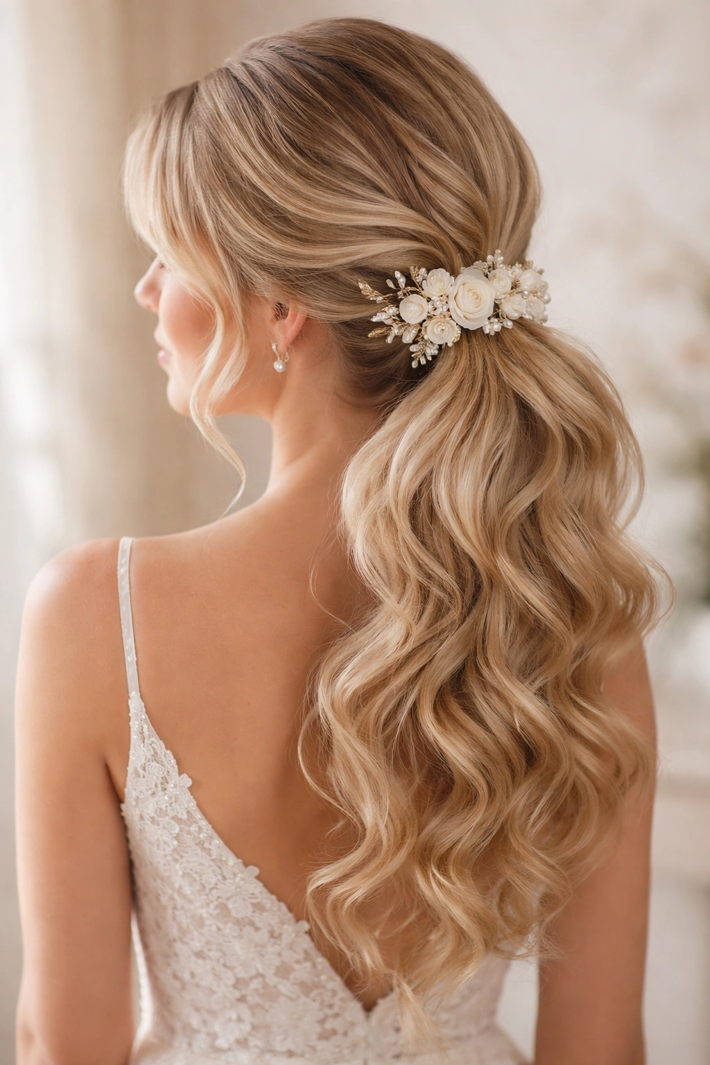 Romantic ponytail with woven flower comb and loose waves for bridal styling