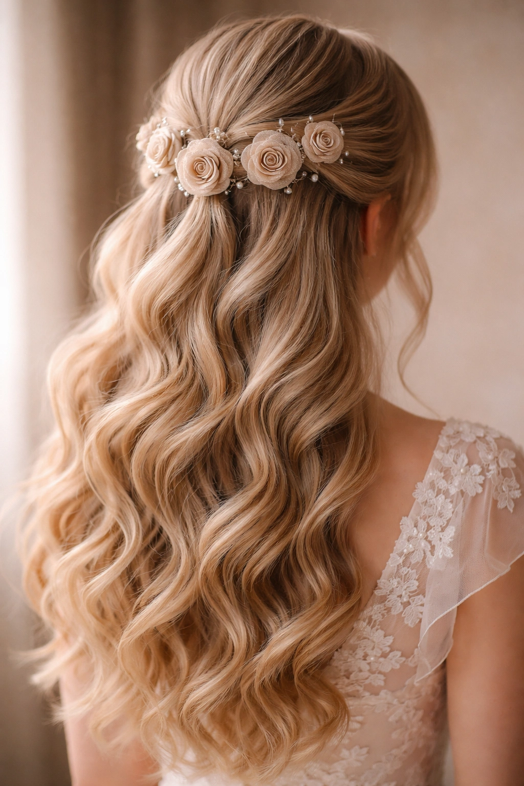 Back view of half-up hairstyle with rose-shaped loops along the crown