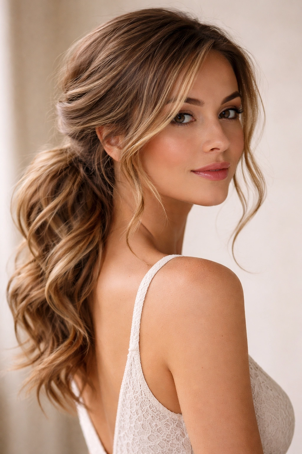 Romantic side swept updo with loose face-framing pieces