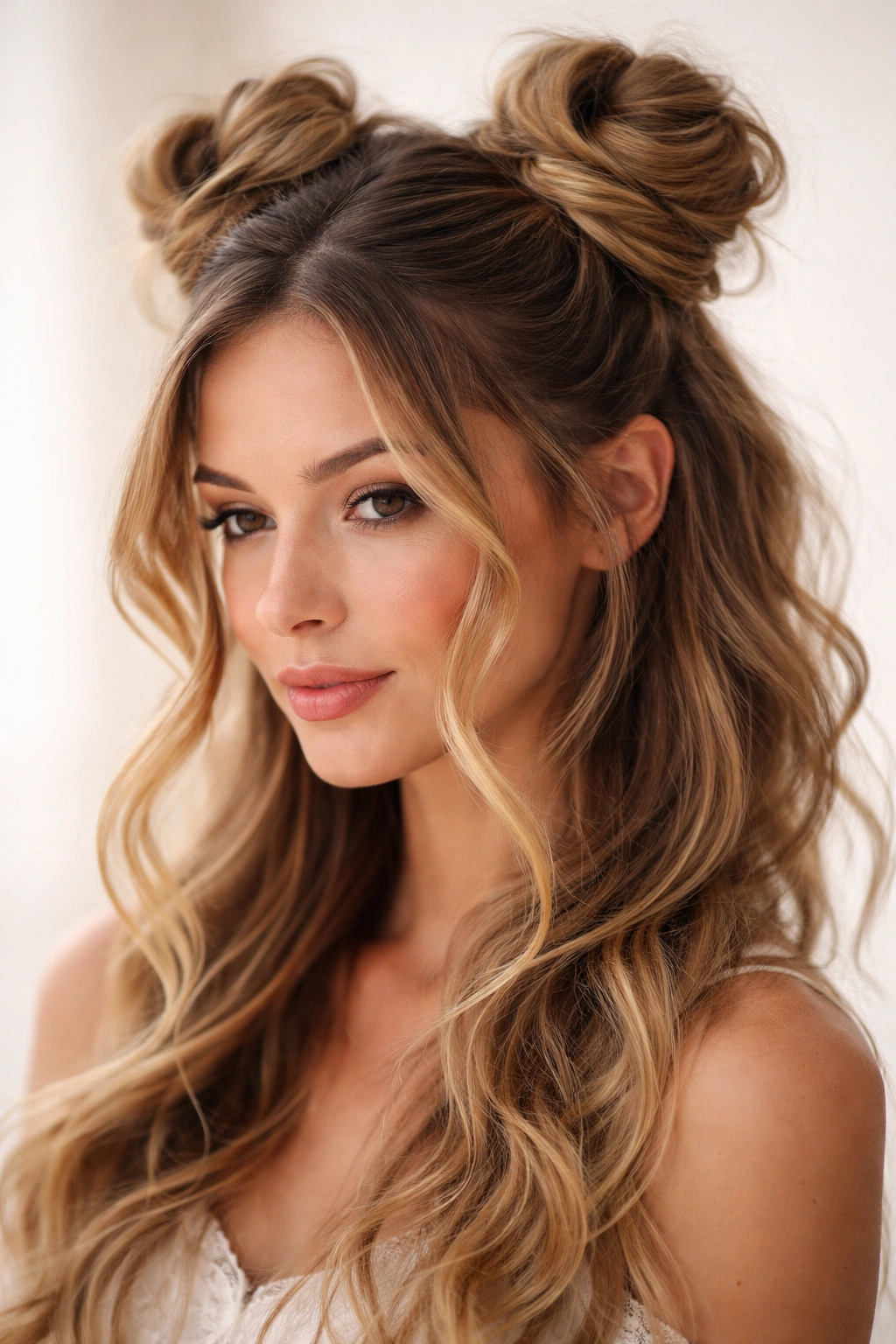 Two loose spiral buns at the crown with face-framing hair in a soft, romantic half-up style.