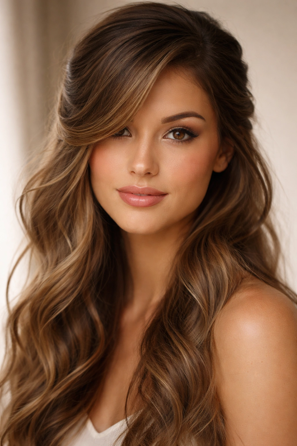 Close-up of a wavy hairstyle with a romantic side swoop and face-framing layers.