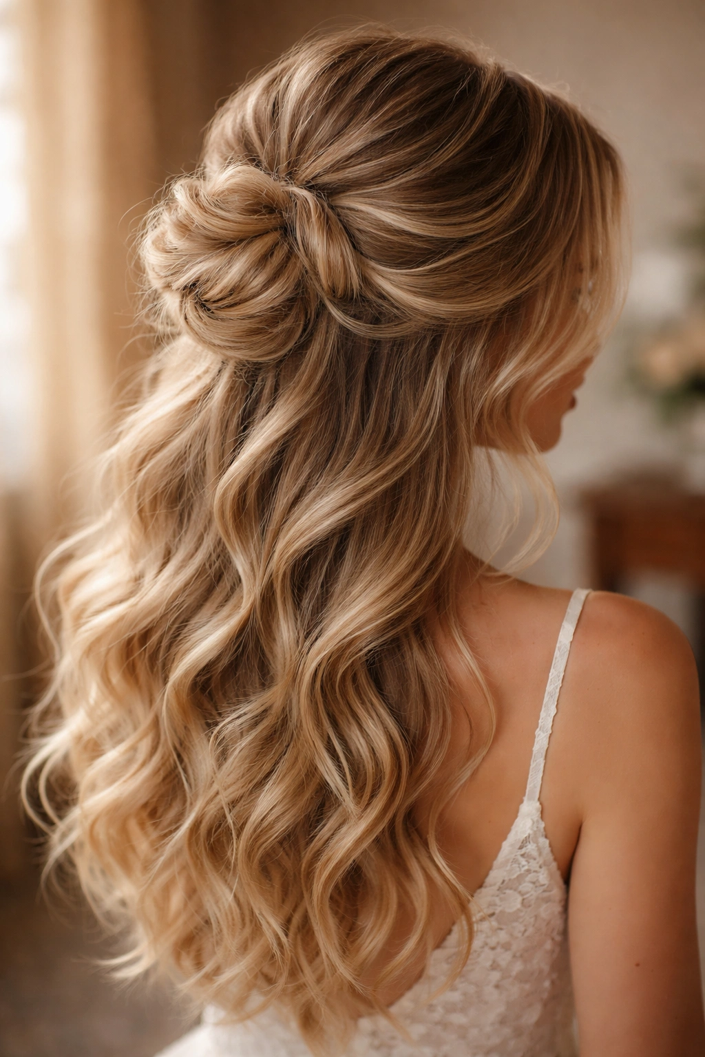 Romantic half-up bun with cascading waves and a textured bun