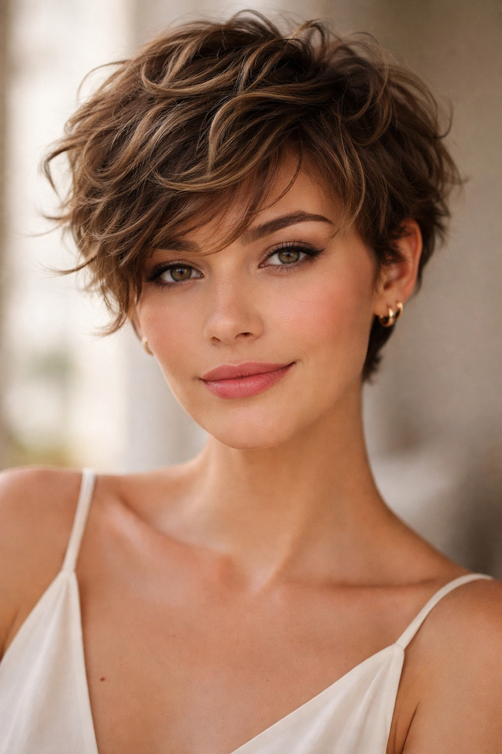 Close-up of romantic tousled pixie waves with an even, short length