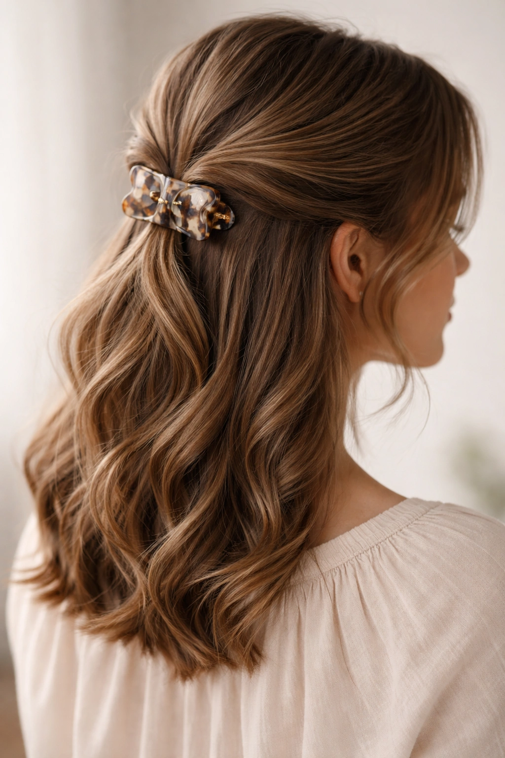 Side-view close-up of twisted crown secured with a claw clip