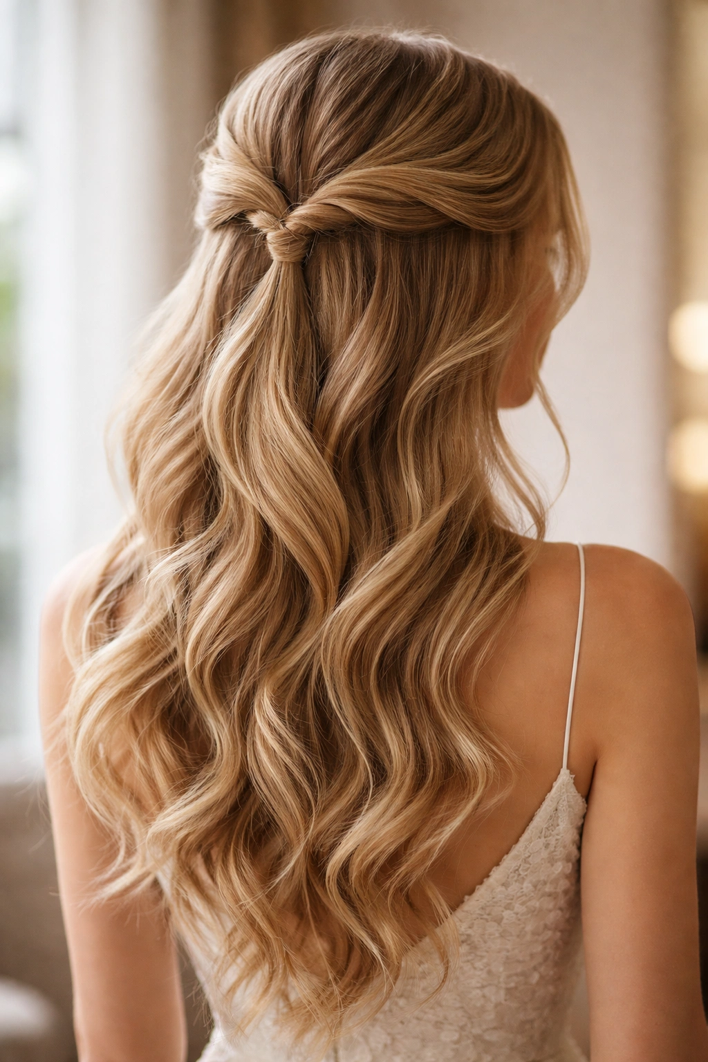 Profile view of The Romantic Twisted Half-Up with Loose Waves hairstyle with loose waves