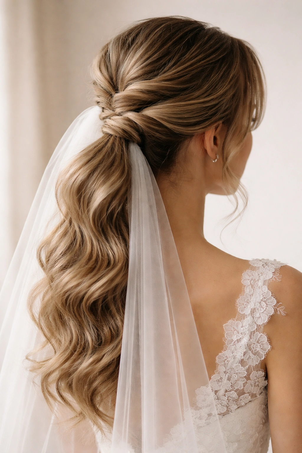 Three-quarter view of romantic twisted ponytail with veil anchor