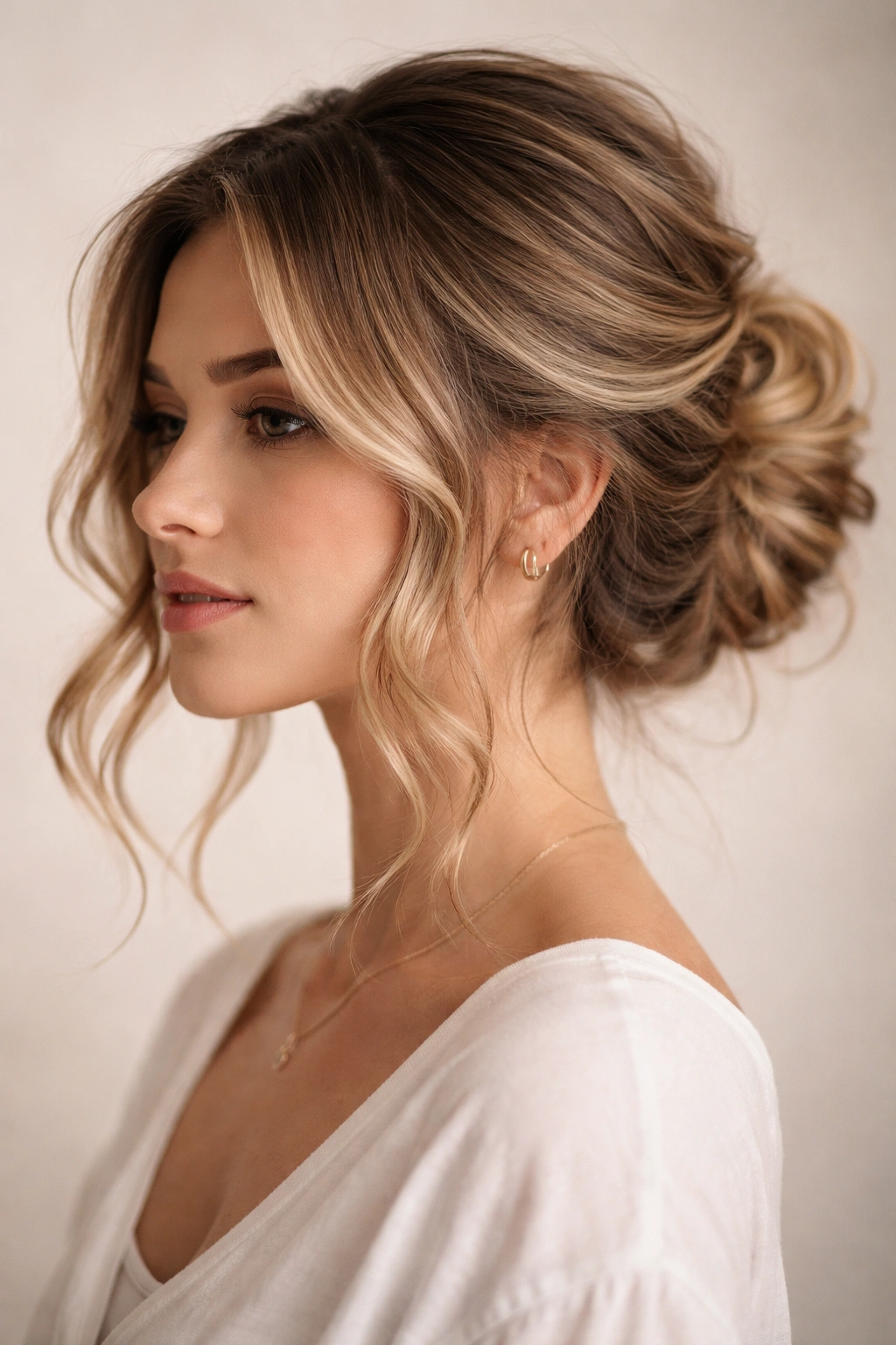 Romantic low updo with face-framing wavy pieces