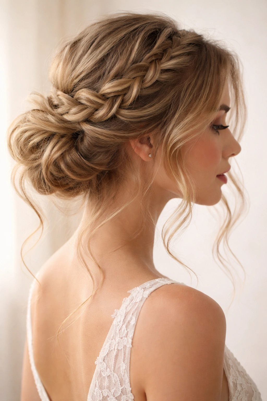 Close-up of a romantic braided updo with loose tendrils on wavy hair