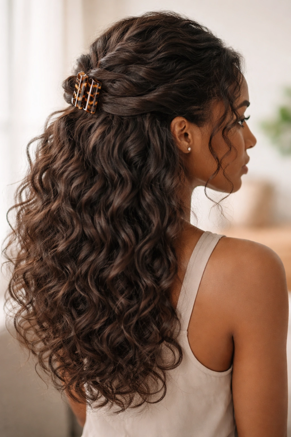 Romantic wave half-up with integrated curl pattern showing flowing texture from top to bottom