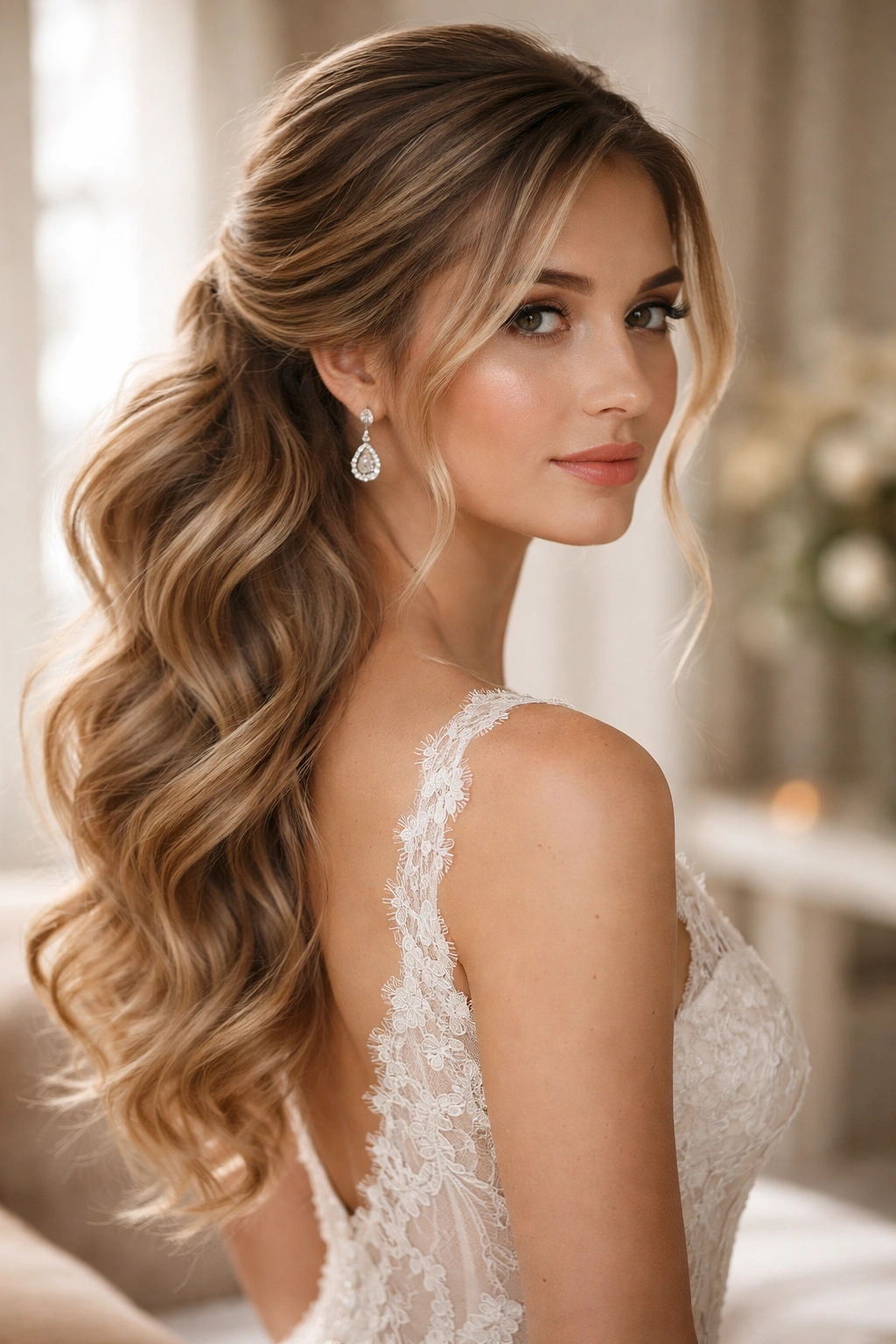 Close-up of romantic wave side ponytail with soft tendrils in warm bridal light