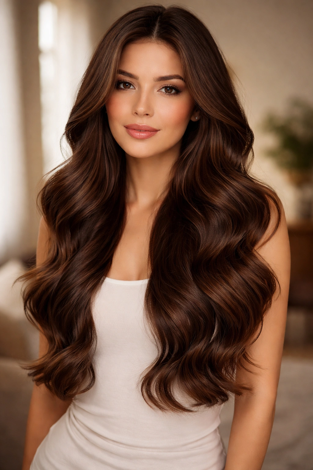 Long chocolate brown hair with soft blended ends and romantic waves