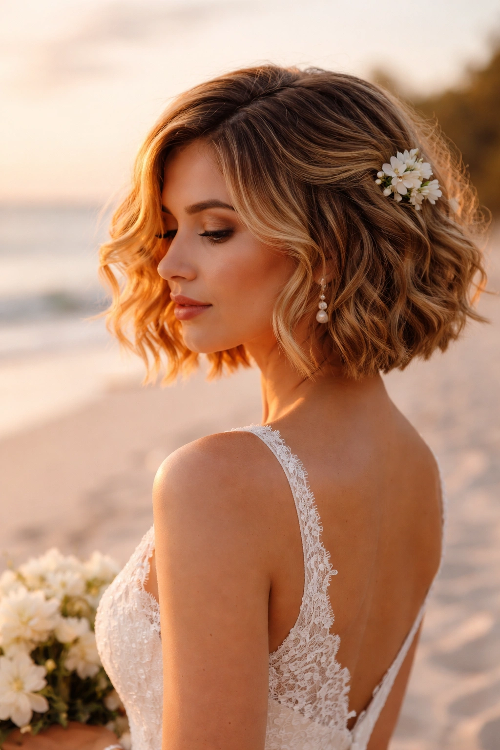 Bridal medium-short wavy bob with sun-kissed, tousled waves for a beach wedding.