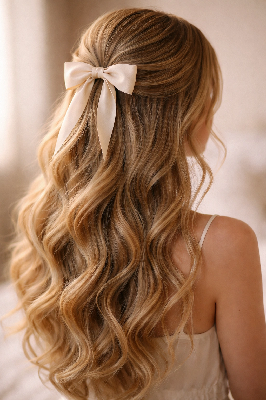 Three-quarter view of romantic waves half-up bow hairstyle