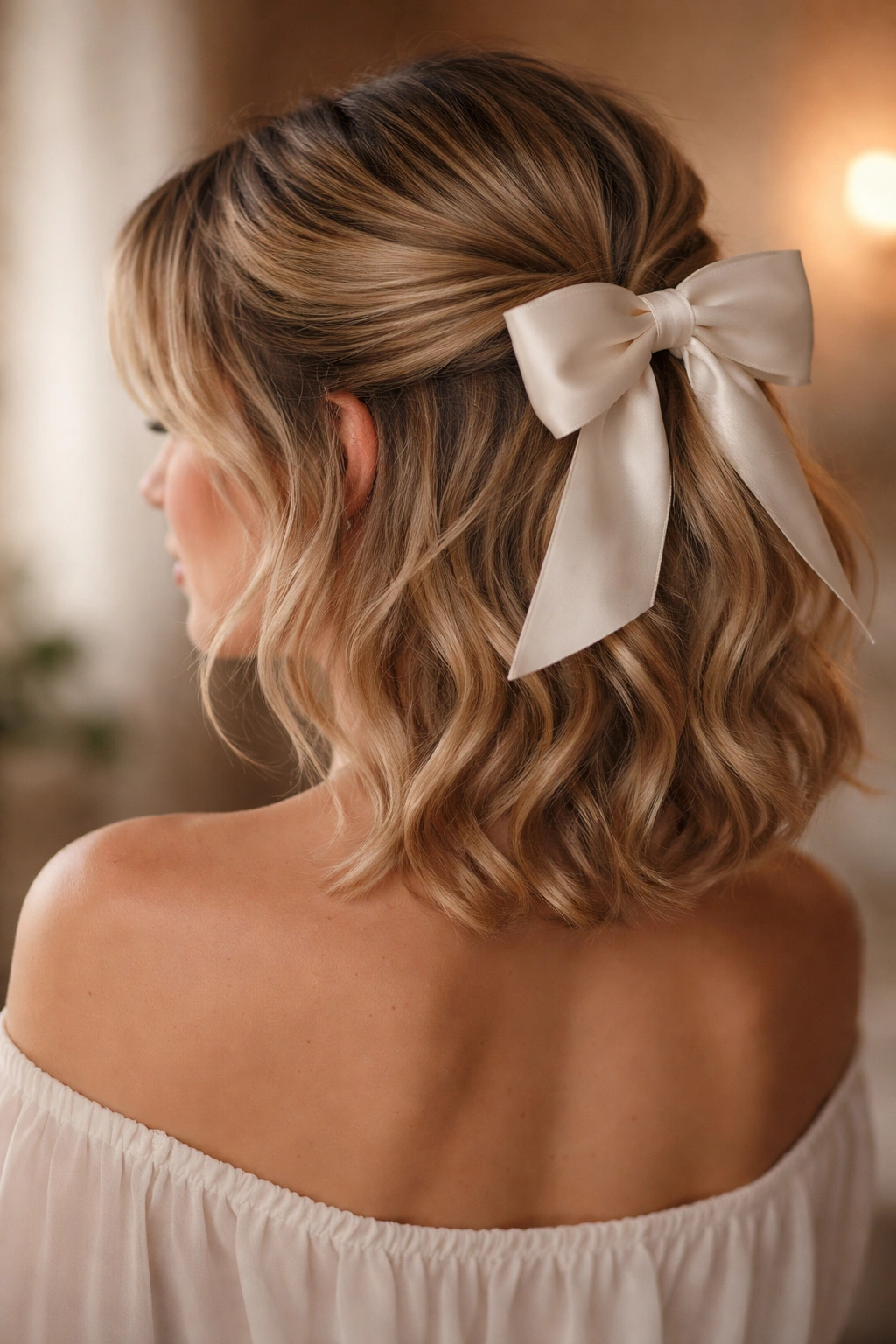 Soft waves half-up hairstyle with silk bow on short hair
