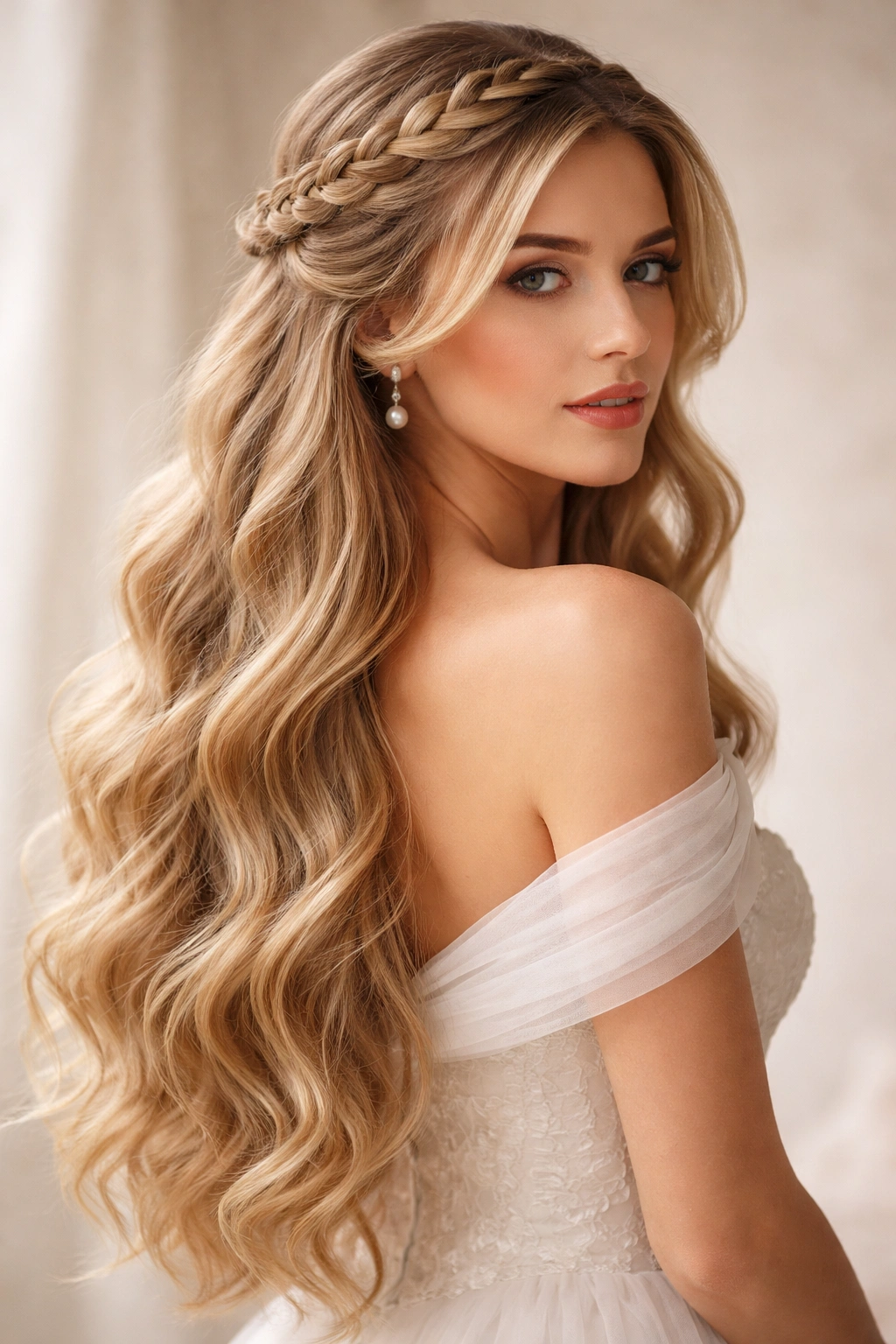 Romantic cascading waves with a crown braid hairstyle.