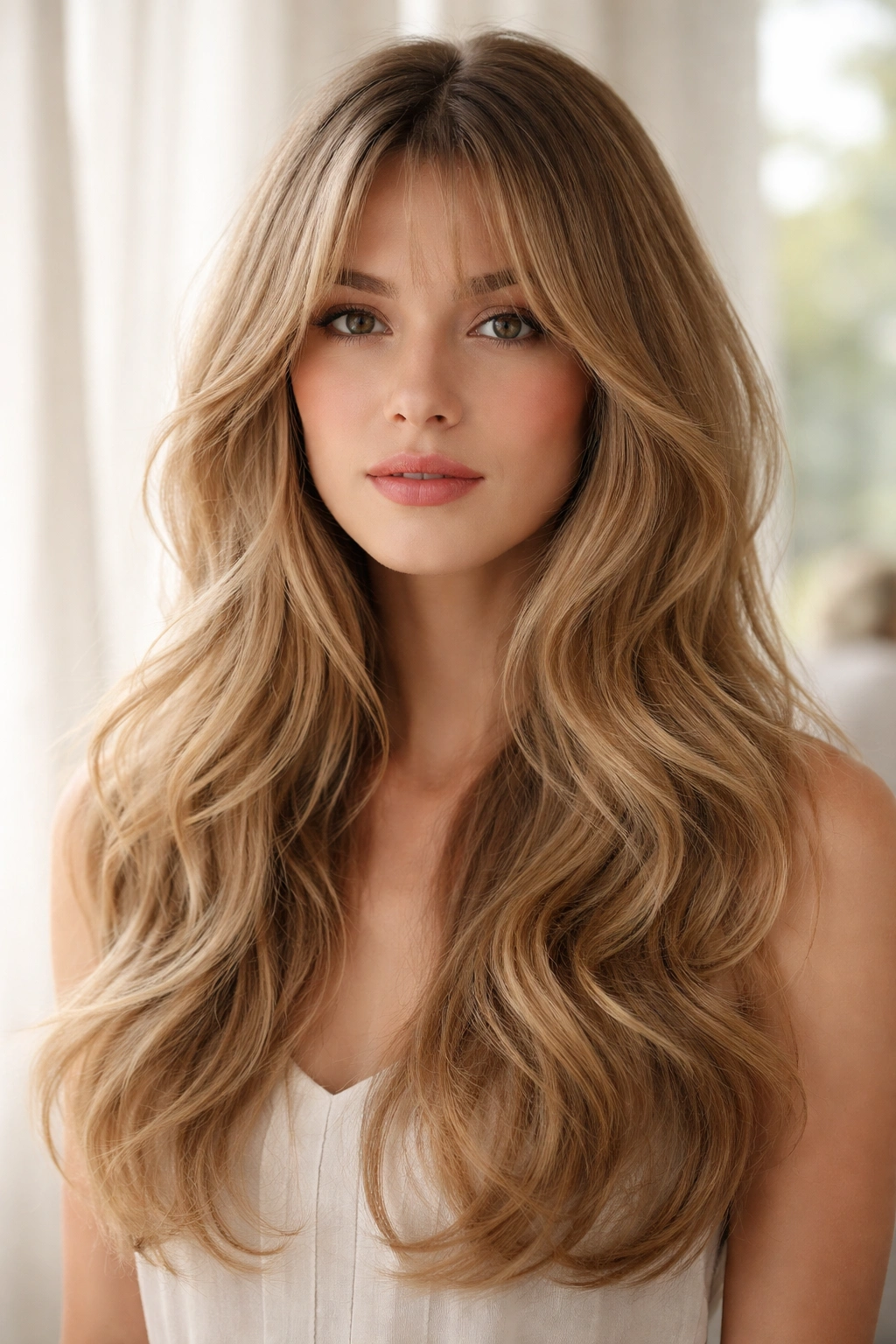 Long hair with soft romantic waves and face-framing layers, curtain bangs