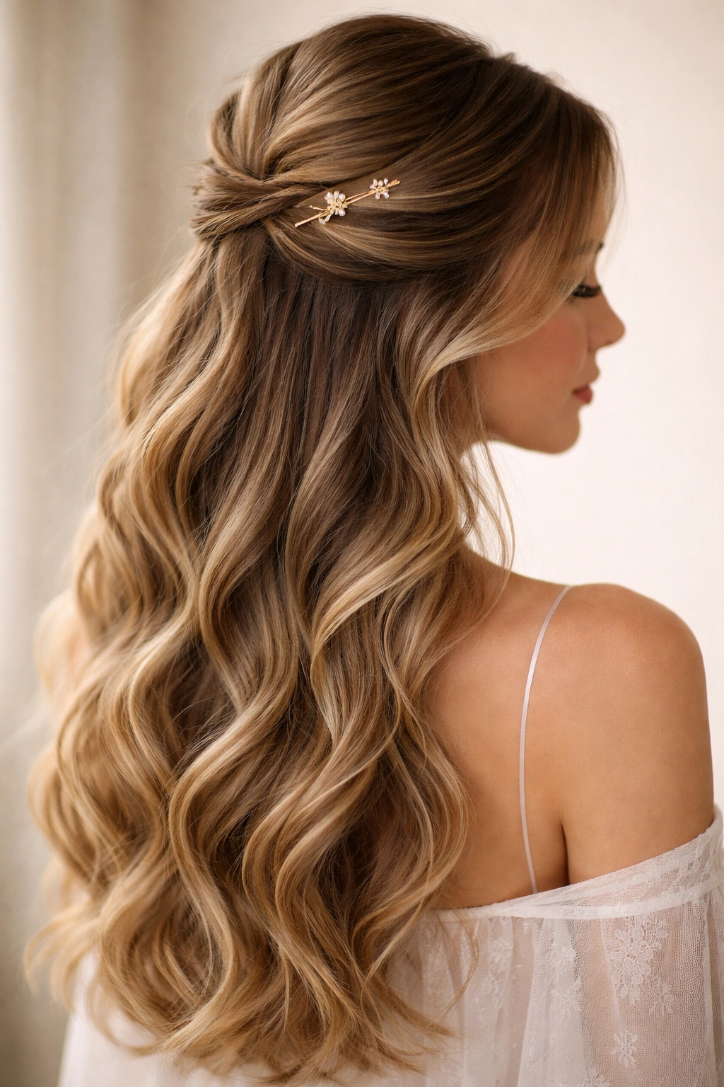 Close-up of a romantic wave half up hairstyle with decorative pins