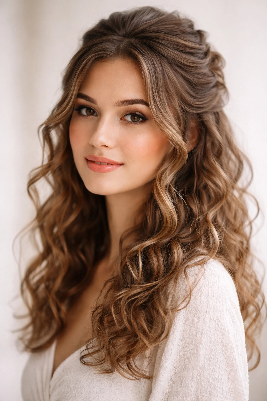 Portrait of a person with loose romantic waves and a half-up half-down hairstyle against a plain backdrop