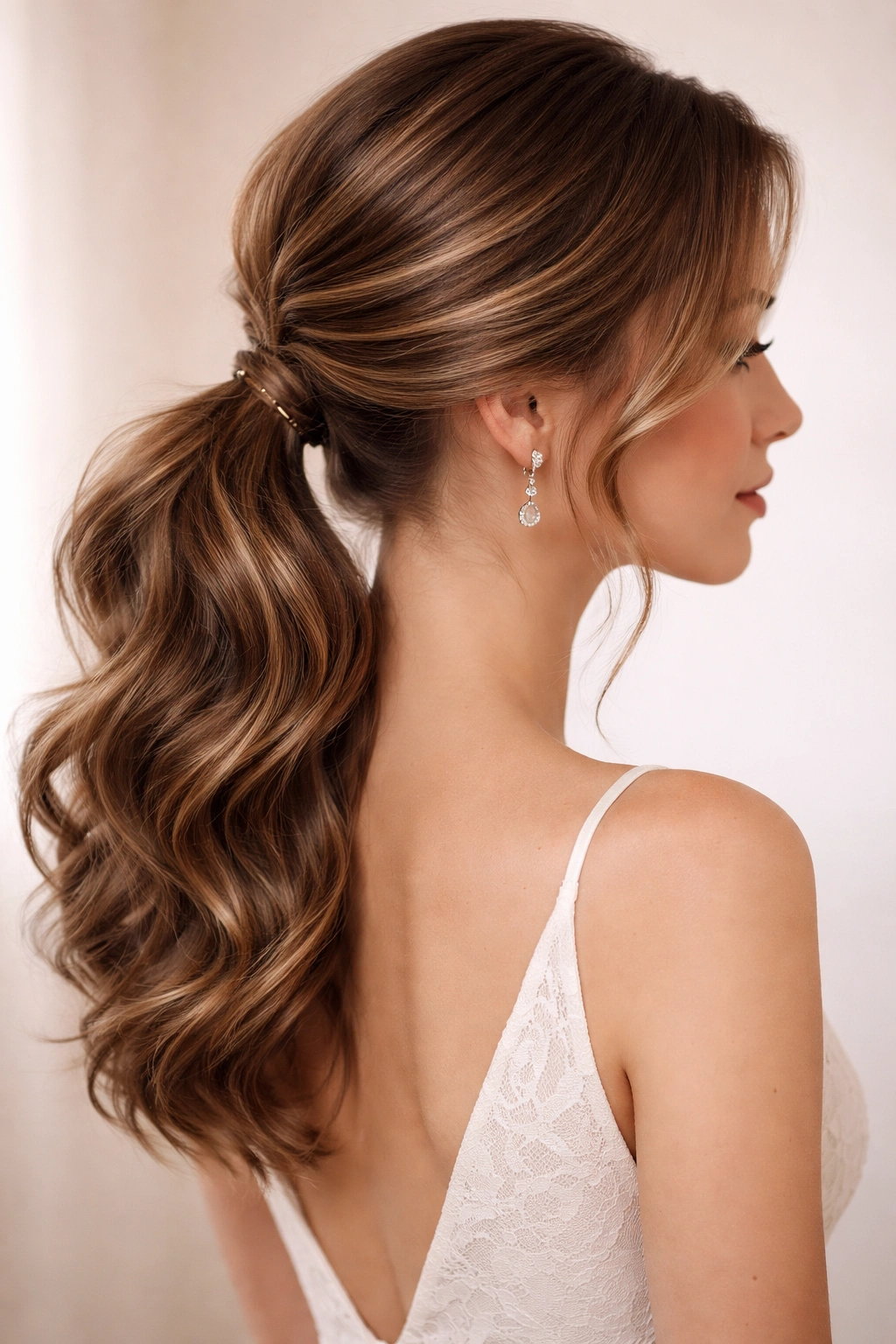 Romantic Waves with Low Tucked Ponytail hairstyle on a model