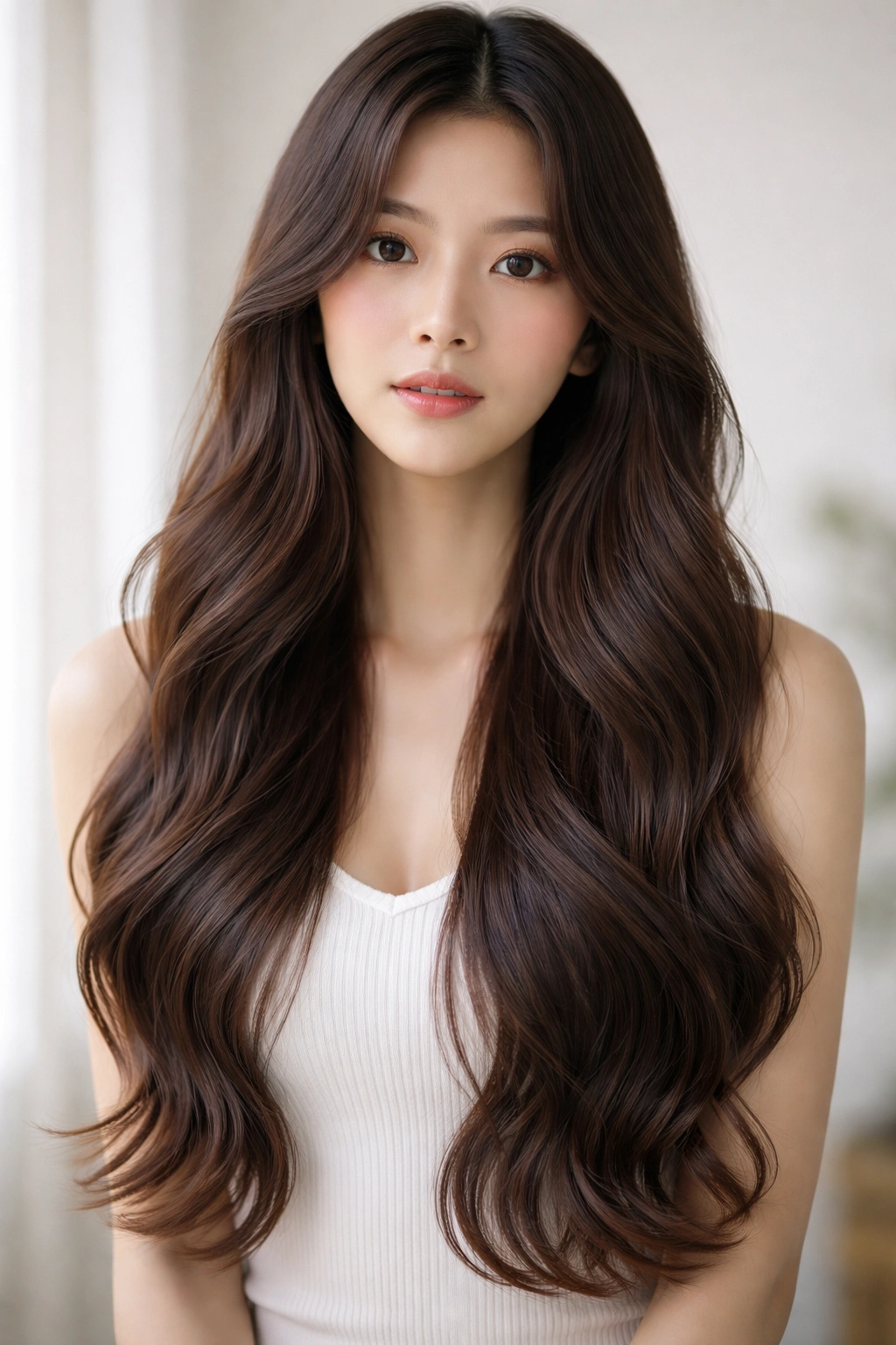 Romantic long waves with minimal layers in studio portrait