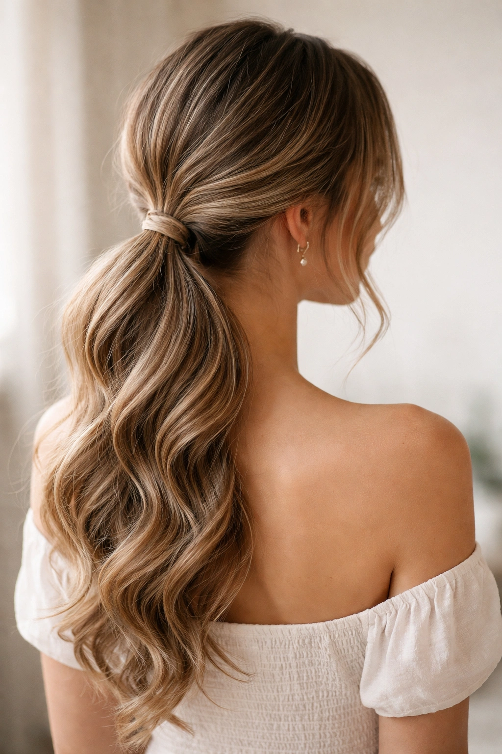 Romantic low ponytail with soft waves and natural movement