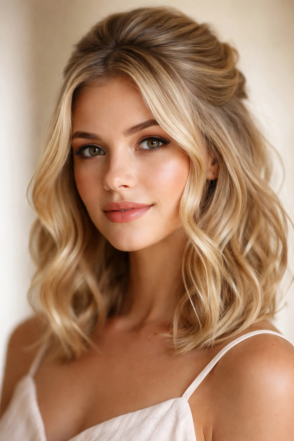 Close-up of short blonde hair with face-framing waves in a half-up style