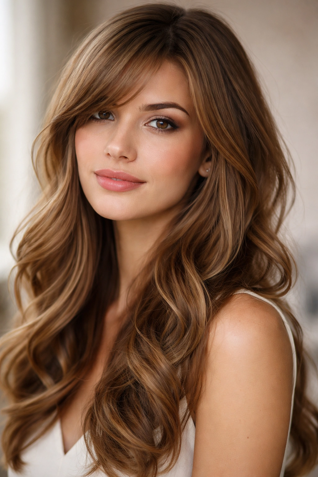 Close-up of romantic waves with side bangs framing an oval face in soft lighting