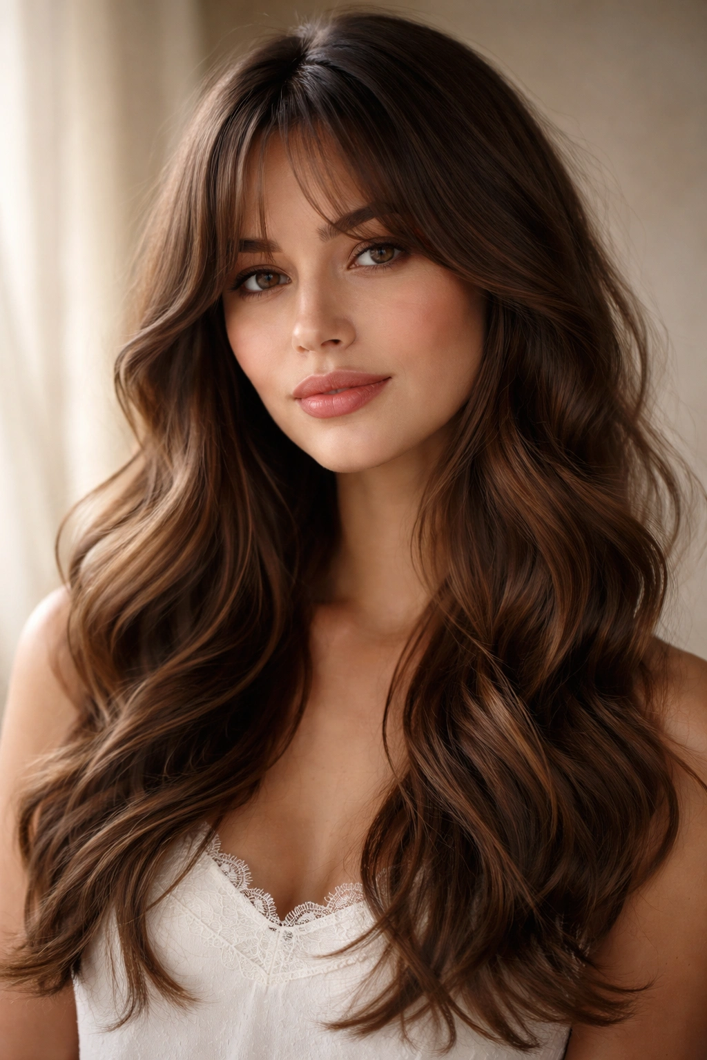 Romantic soft waves with wispy curtain bangs in studio lighting