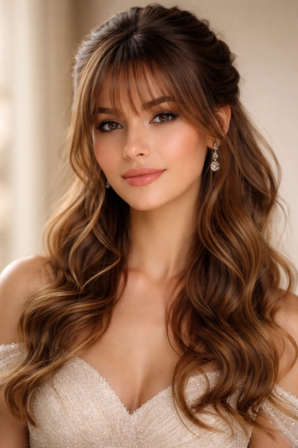 Portrait of person with romantic loose waves half-up and wispy bangs.