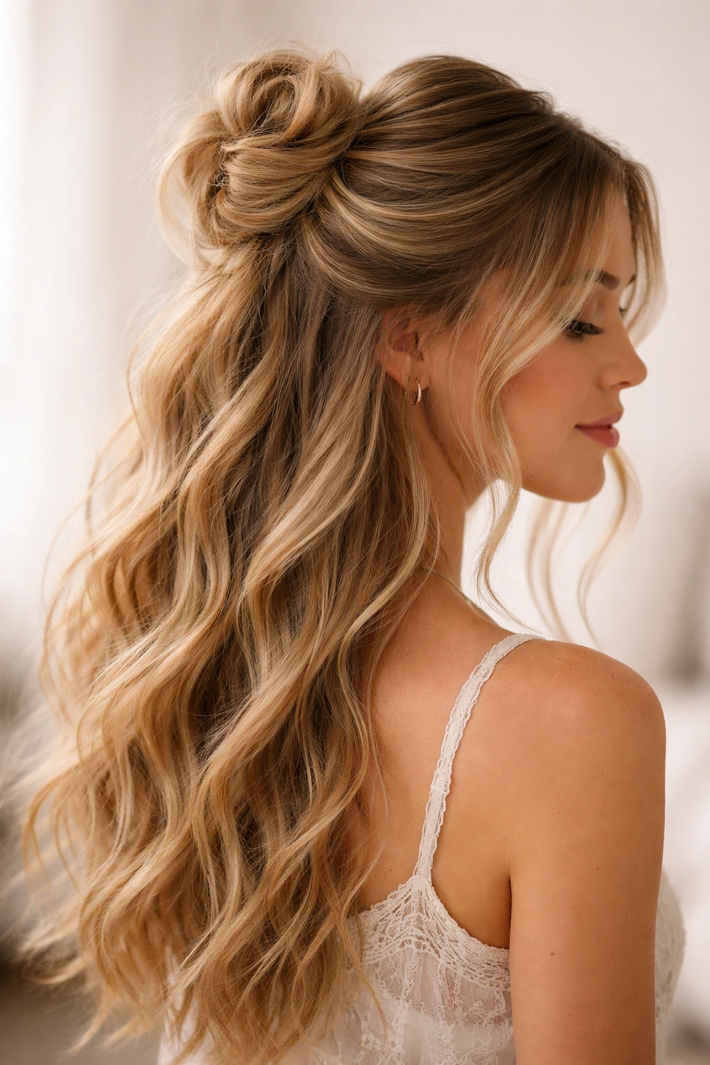 Close-up of a romantic wavy half-up bun with loose strands framing the face